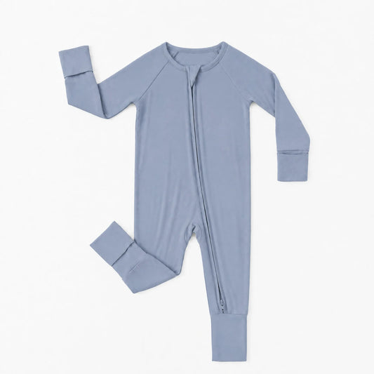 Kidsely soft bamboo viscose baby zipper romper in solid dusty blue featuring fold-over mittens and convertible footies