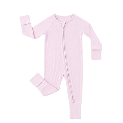 Kidsely soft bamboo viscose baby girl zipper romper in solid light pink featuring fold-over mittens and convertible footies