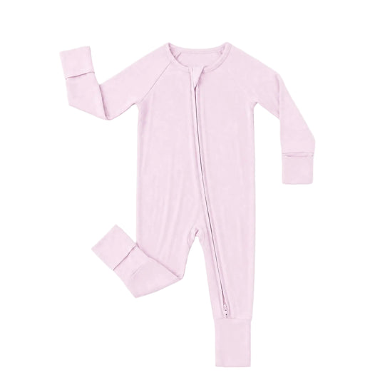Kidsely soft bamboo viscose baby girl zipper romper in solid light pink featuring fold-over mittens and convertible footies