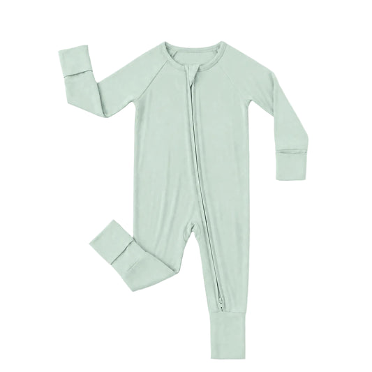 Kidsely soft bamboo viscose baby zipper romper in solid sage green featuring fold-over mittens and convertible footies