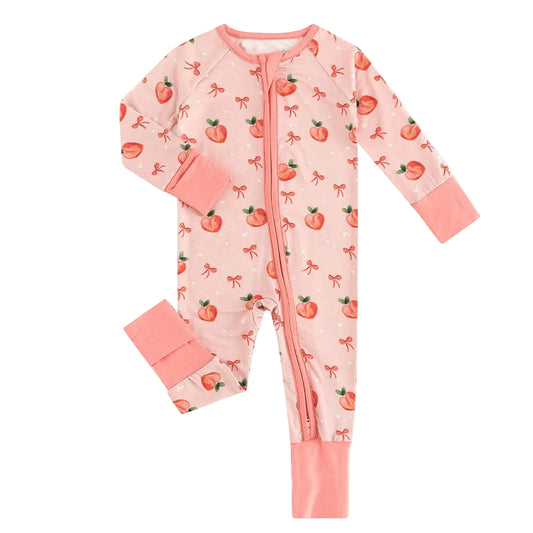 Kidsely soft bamboo viscose baby zipper romper in sweet peach and ribbon bows print with fold-over mittens and footies