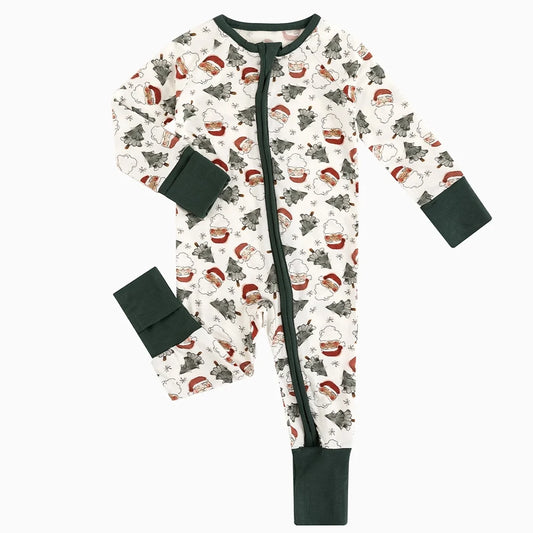 Kidsely soft bamboo viscose baby zipper romper in vintage Santa and Christmas trees print featuring fold-over mittens and convertible footies