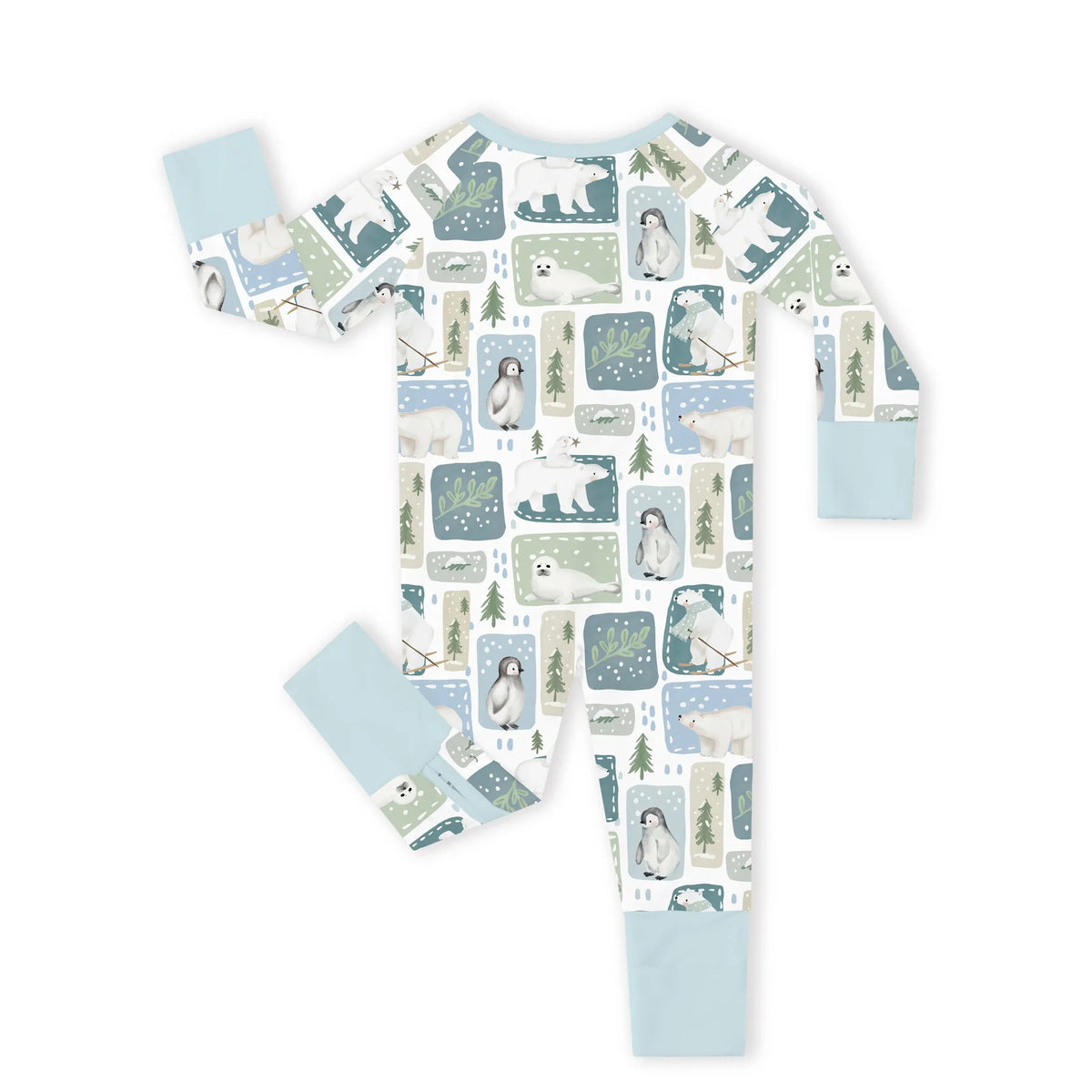 Full back flat lay view of Kidsely bamboo viscose baby zipper romper sleeper in winter polar bear and penguin print