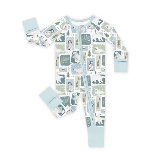 Kidsely soft bamboo viscose baby zipper romper in winter polar bear and penguin print with fold-over mittens and footies