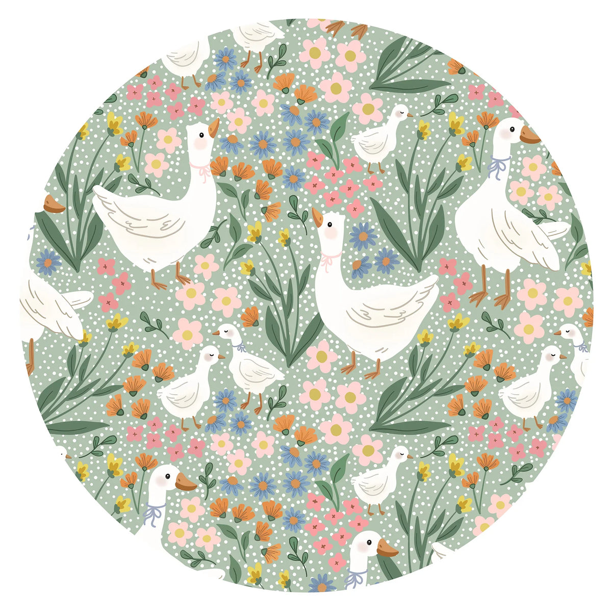 Close-up fabric detail of vintage cottagecore daisy goose garden floral print on sage green bamboo viscose