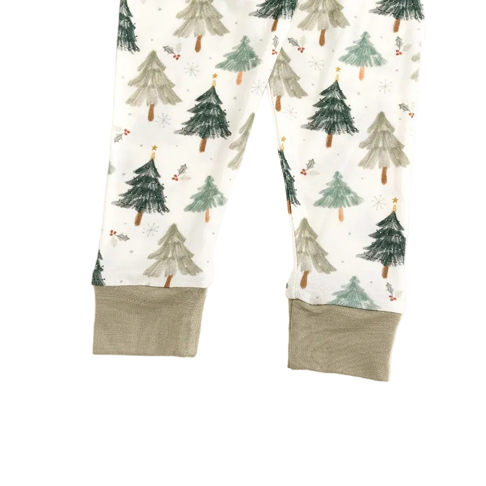 Close-up detail of sage green ribbed ankle cuffs on Kidsely Evergreen Christmas Trees print bamboo toddler pajama pants