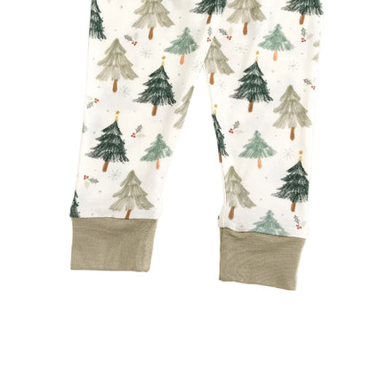 Close-up detail of sage green ribbed ankle cuffs on Kidsely Evergreen Christmas Trees print bamboo toddler pajama pants