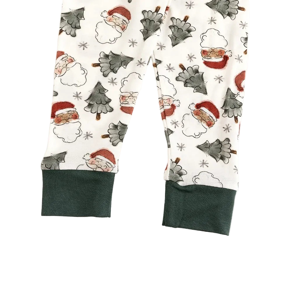 Close-up detail of forest green ribbed ankle cuffs on Kidsely Vintage Santa print bamboo toddler pajama pants