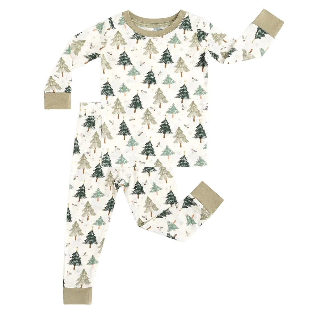 Kidsely soft bamboo viscose toddler two-piece pajama set in Evergreen Christmas Trees print with sage green trim