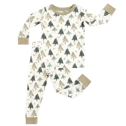 Kidsely soft bamboo viscose toddler two-piece pajama set in Evergreen Christmas Trees print with sage green trim
