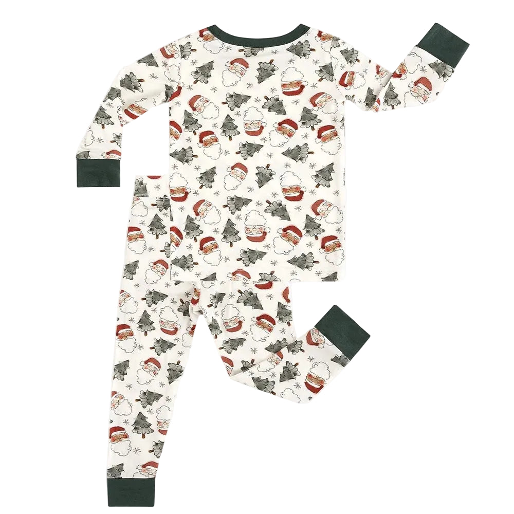 Back view of Kidsely bamboo viscose toddler two-piece pajama set in Vintage Santa & Christmas Trees print