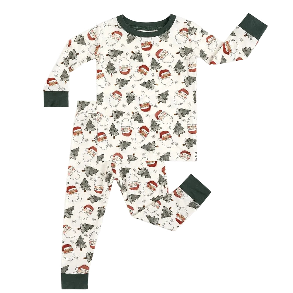 Kidsely soft bamboo viscose toddler two-piece pajama set in Vintage Santa & Christmas Trees print with forest green trim