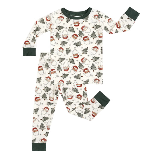 Kidsely soft bamboo viscose toddler two-piece pajama set in Vintage Santa & Christmas Trees print with forest green trim
