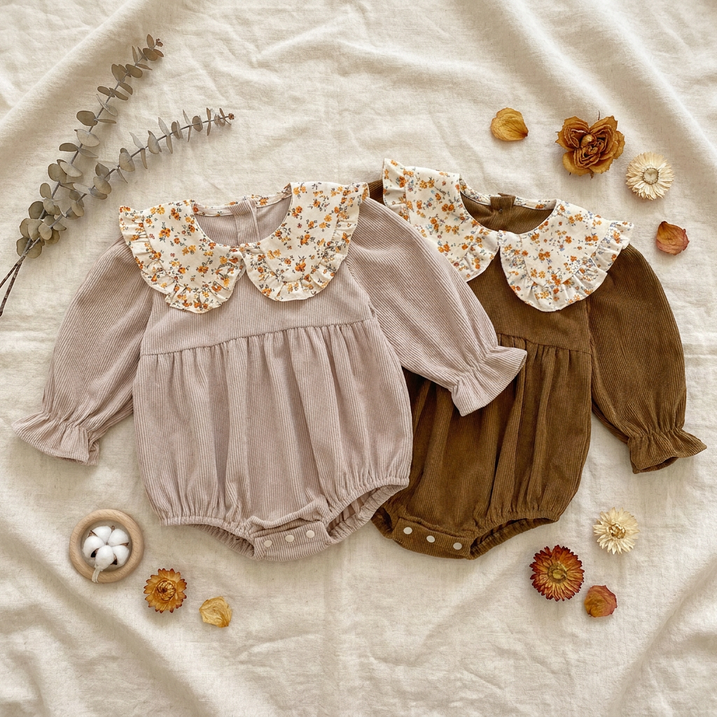 A lifestyle flat lay displaying both the beige and brown ribbed corduroy baby rompers side-by-side on a textured blanket with dried botanical accents.