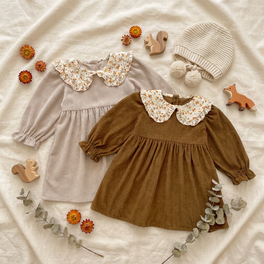 An aesthetic flat lay of beige and brown corduroy toddler dresses paired with knit beret hats, wooden toys, and scattered autumn leaves.