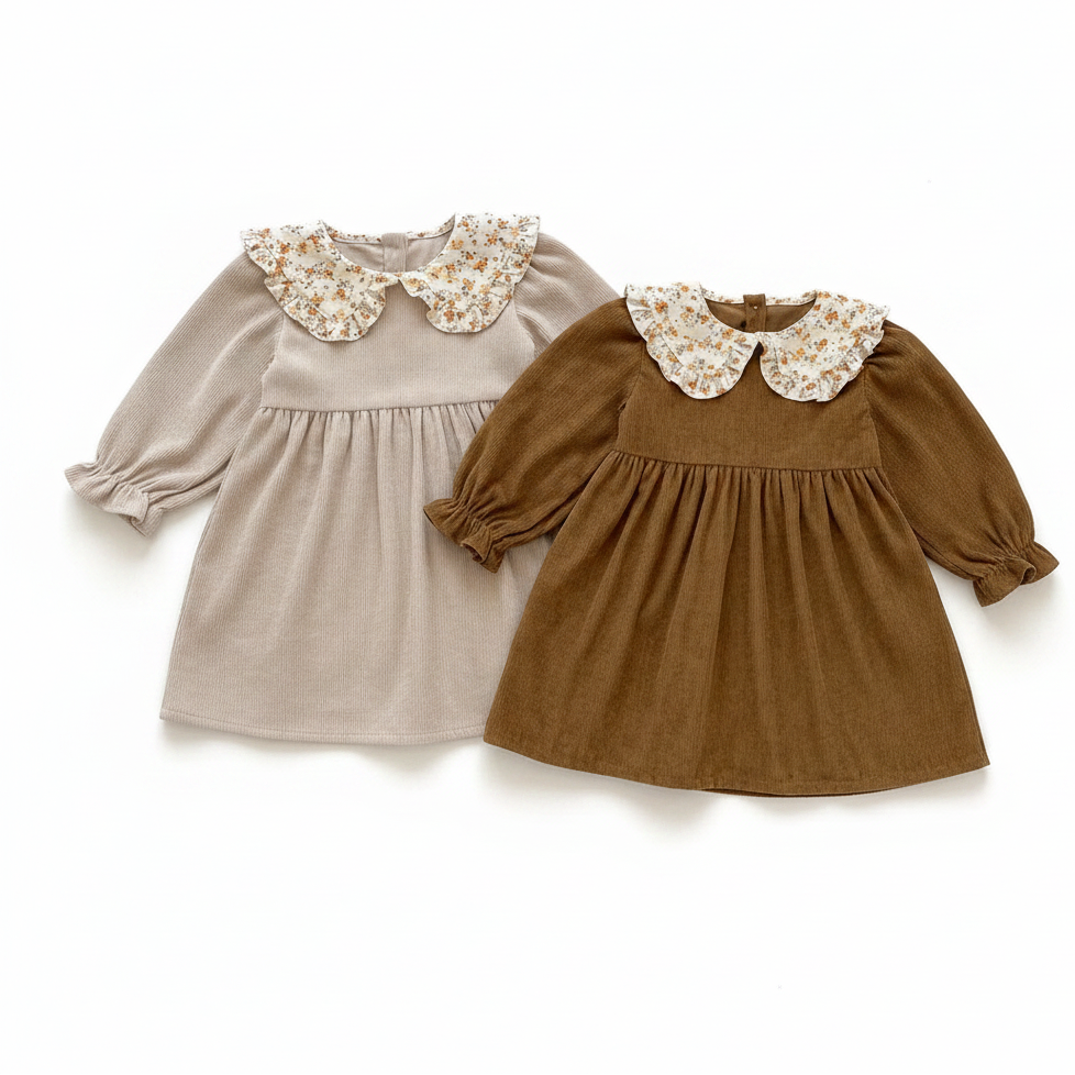 A beige and a warm brown ribbed corduroy toddler dress displayed side-by-side showing the floral collar details.
