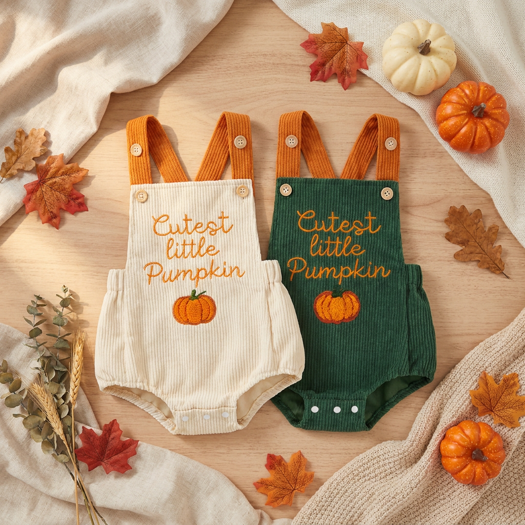 Flat lay showing both the beige and green baby corduroy Halloween rompers styled with mini pumpkins and fall leaves.