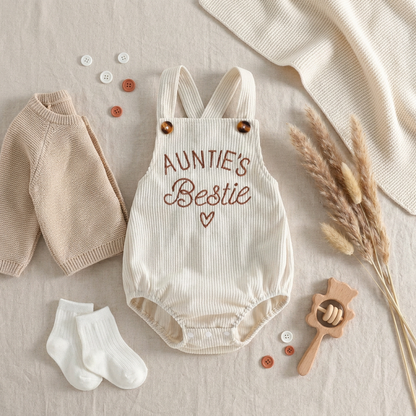 A styled flat lay featuring the beige corduroy "Auntie's Bestie" baby romper paired with a neutral knit cardigan, white socks, dried florals, and a wooden baby toy.