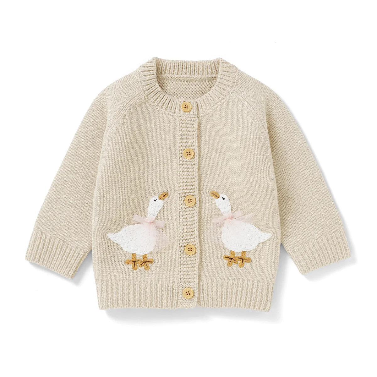 Beige baby and toddler girls knit cardigan sweater featuring two embroidered geese, flat lay on a white background.