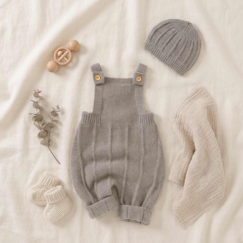 Beige seamless knit overalls and matching hat set laid flat on a textured cloth with a wooden baby toy and a soft blank