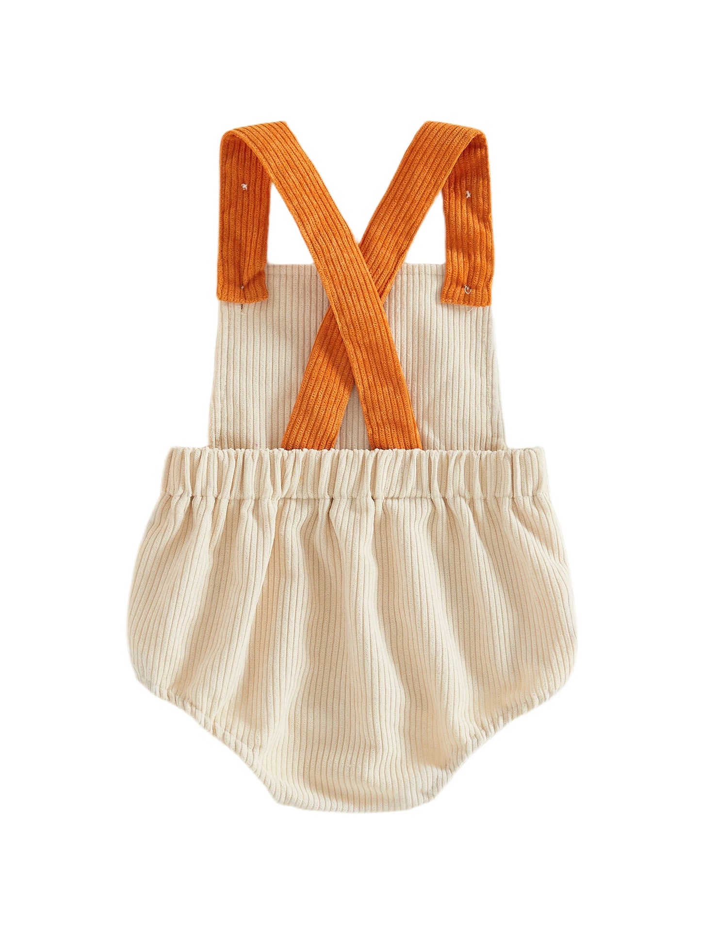 Back view of the beige baby corduroy bubble romper showing the criss-cross design of the orange shoulder straps.