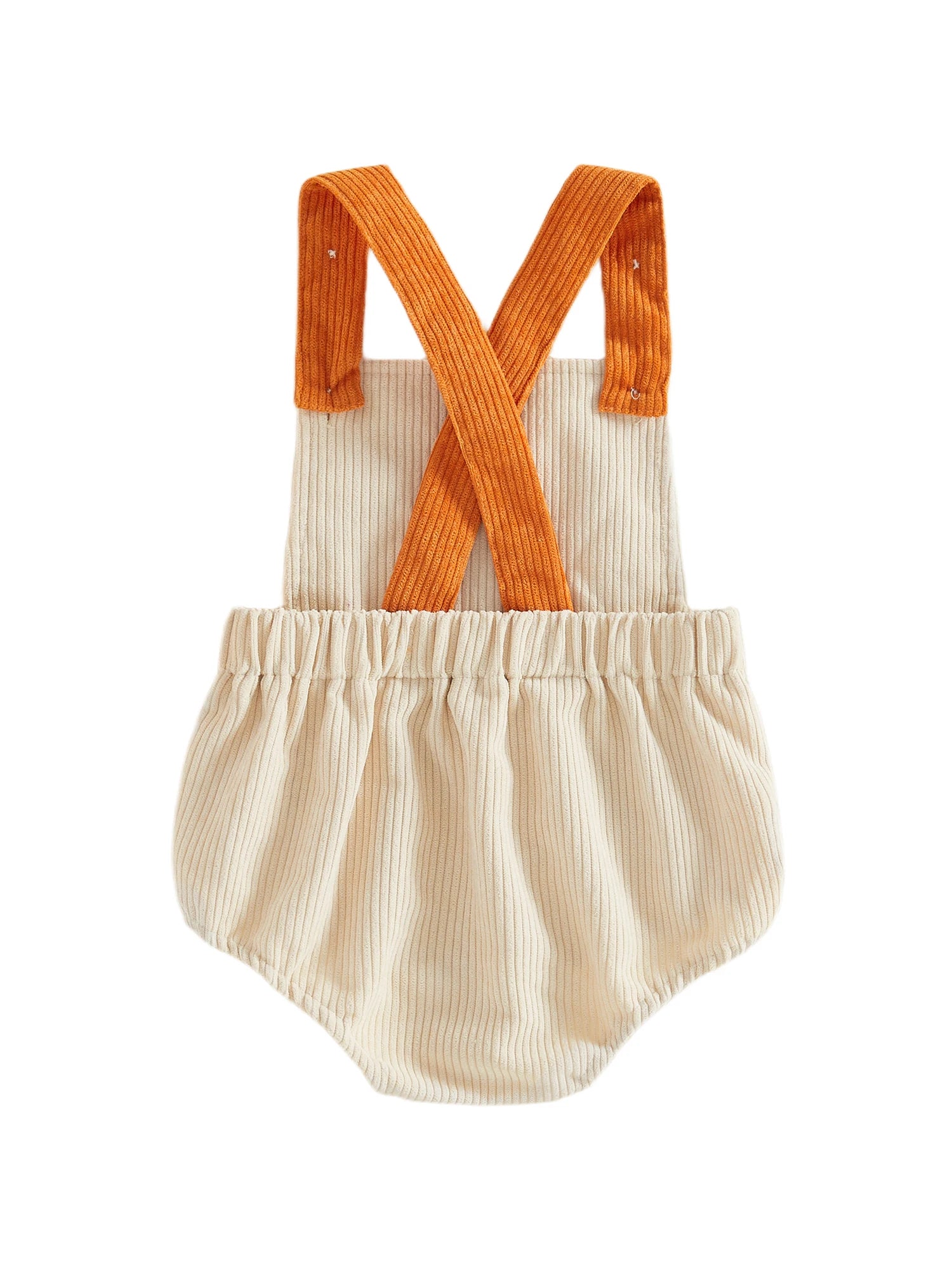 Back view of the beige baby corduroy bubble romper showing the criss-cross design of the orange shoulder straps.