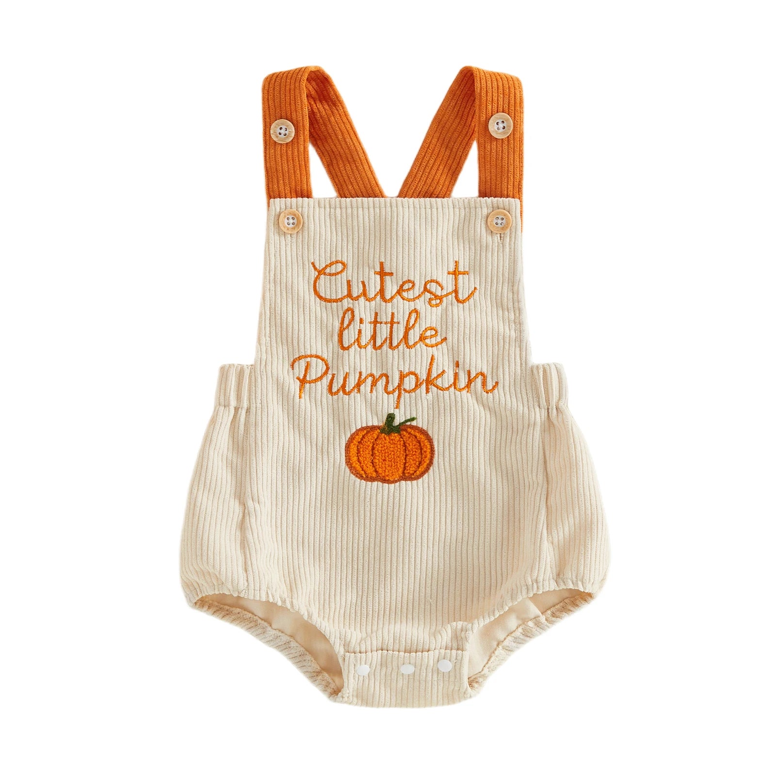Front view of a beige baby corduroy bubble romper with orange straps and "Cutest little Pumpkin" embroidery.