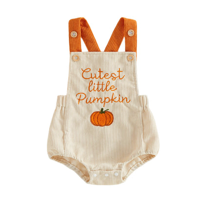 Front view of a beige baby corduroy bubble romper with orange straps and "Cutest little Pumpkin" embroidery.