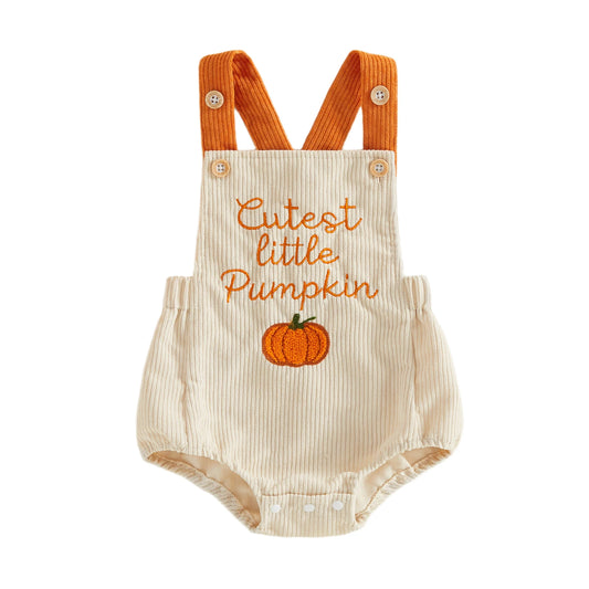 Front view of a beige baby corduroy bubble romper with orange straps and "Cutest little Pumpkin" embroidery.