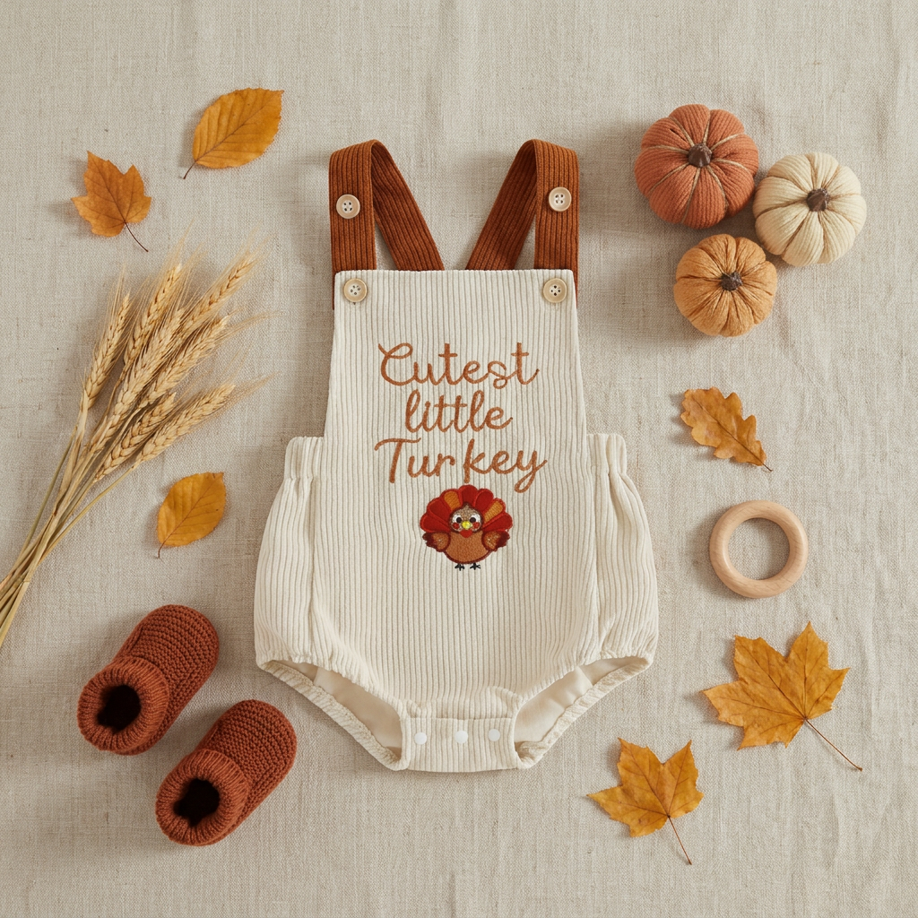 Flat lay showing the beige baby corduroy Thanksgiving romper styled with mini pumpkins, fall leaves, and brown baby shoes.