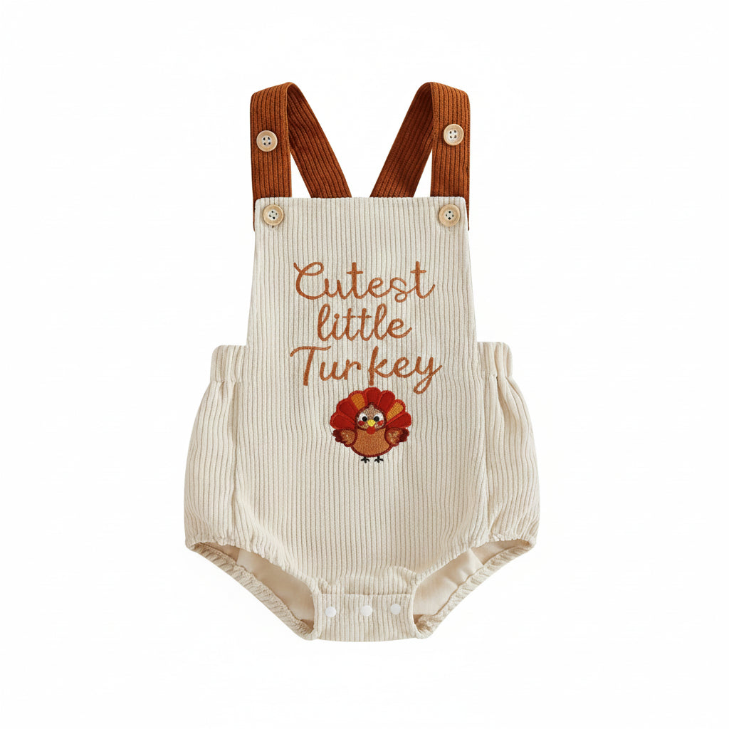 Front view of a beige baby corduroy bubble romper with brown straps and "Cutest little Turkey" embroidery.