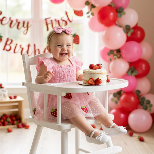 Baby girl sitting in a high chair eating cake, wearing the pink strawberry tutu romper in front of a "Berry First Birthday" backdrop