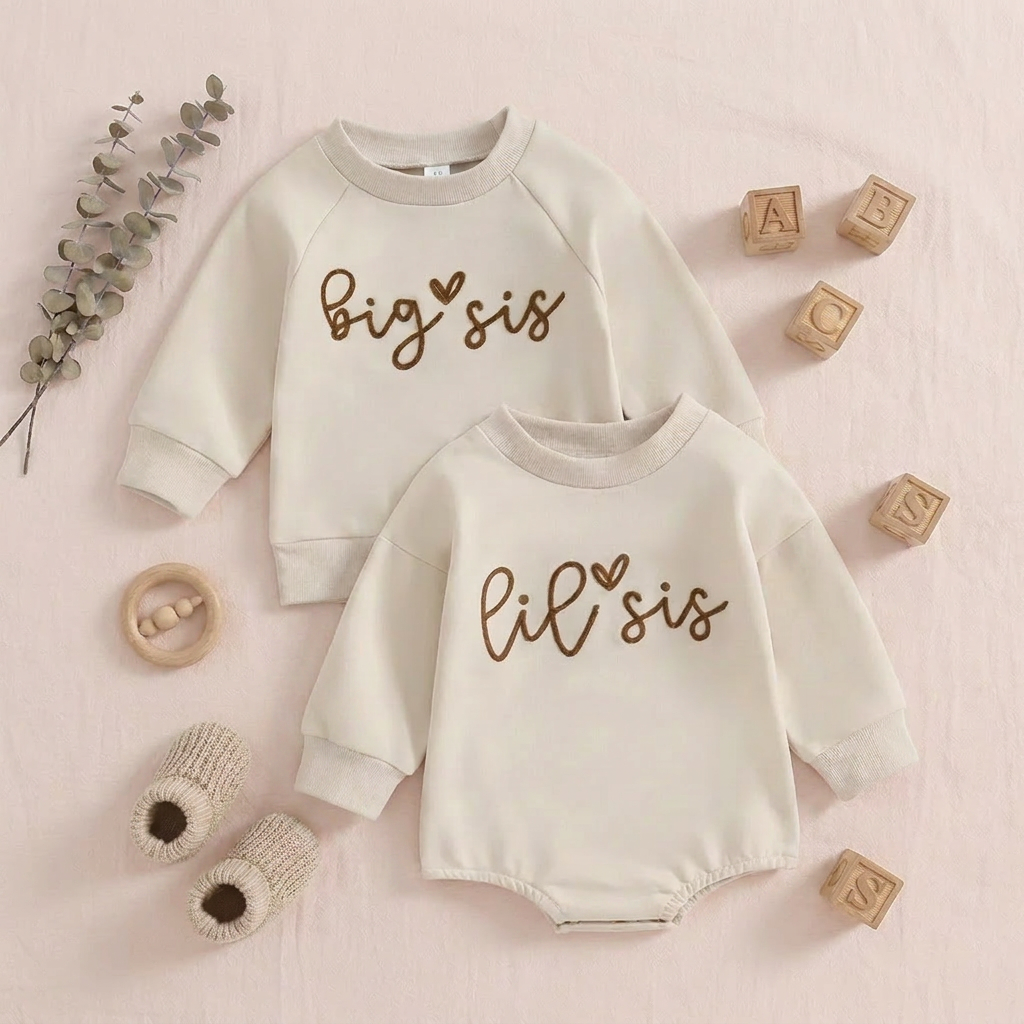 Cream colored matching sister outfit set styled on a pink background with wooden blocks and baby shoes.