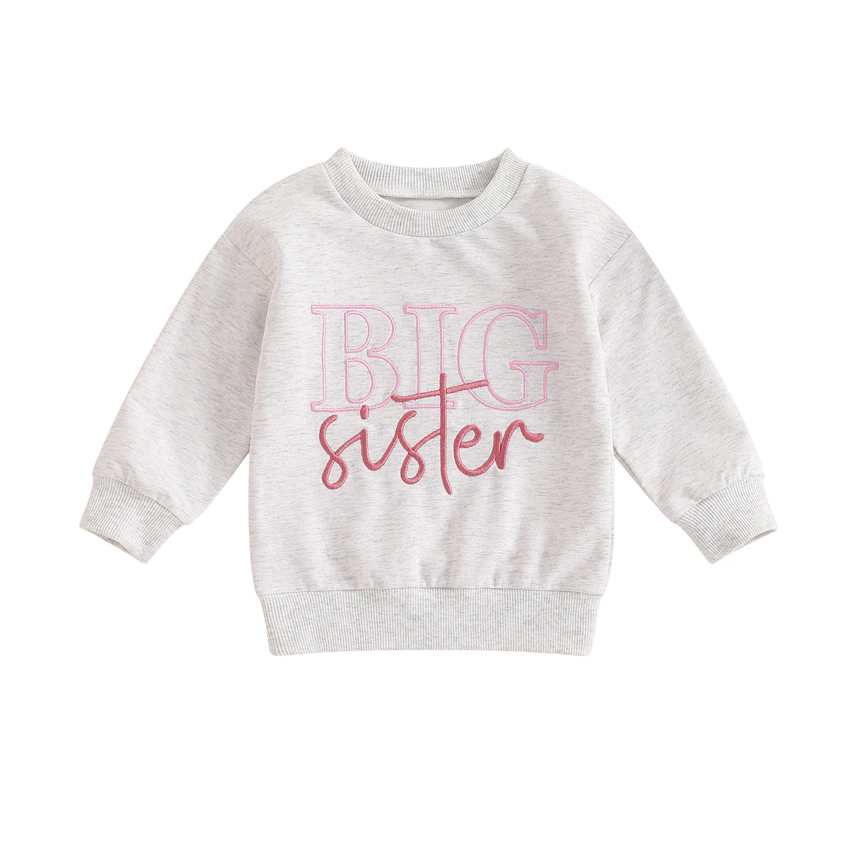 Light gray long-sleeve toddler girls sweatshirt featuring a pink Big Sister graphic on a white background.