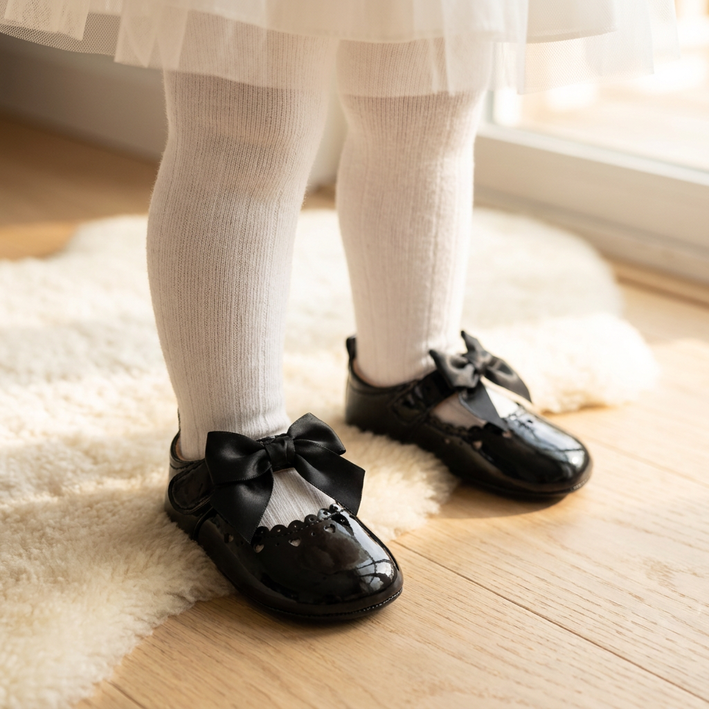 Baby girl standing on a fluffy white rug wearing black patent-style Mary Jane first walker shoes and white tights.