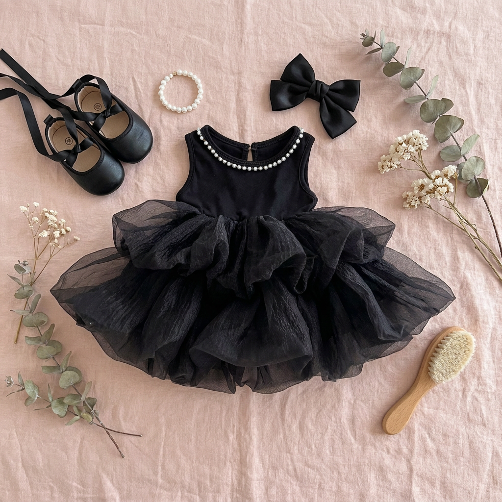 A lay-flat arrangement showing the black tulle dress alongside matching black Mary Jane shoes, a black hair bow clip, and dry floral sprigs on a pink textured fabric.