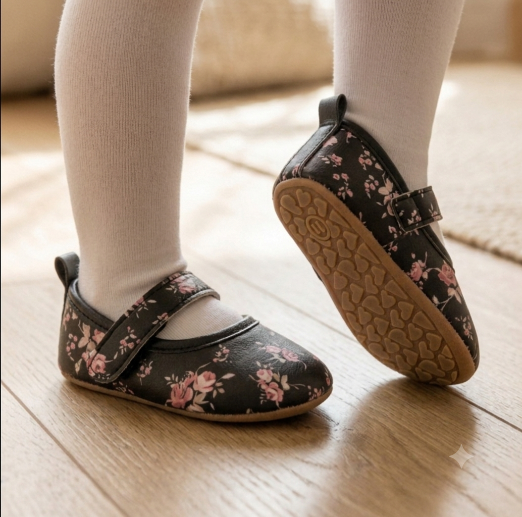 Close up of an infant taking a step in black cottagecore baby girl Mary Jane shoes with white tights, showcasing the flexible heart-patterned rubber sole.