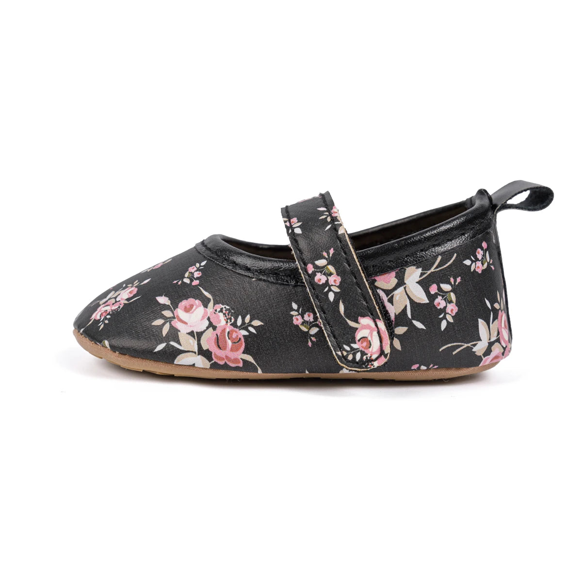Full flat side view of a black floral first walker shoe for baby girls.