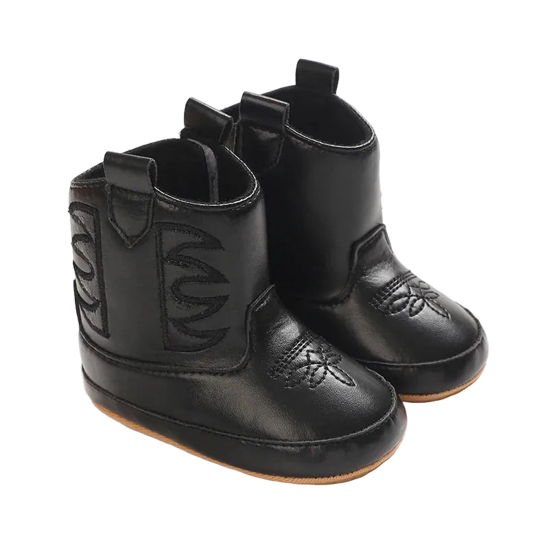 A pair of solid black infant cowboy boots with traditional western toe stitching and rubber soles, displayed on a white background.