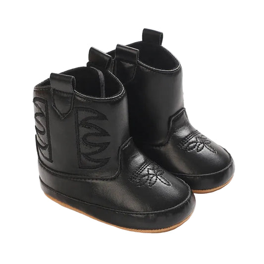 A pair of solid black infant cowboy boots with traditional western toe stitching and rubber soles, displayed on a white background.