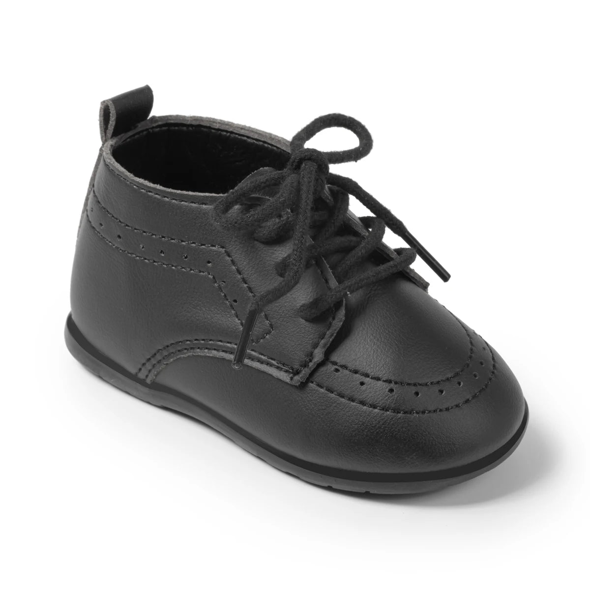 Single clean studio shot of a Kidsely black smooth faux leather lace-up formal oxford shoe for infants.