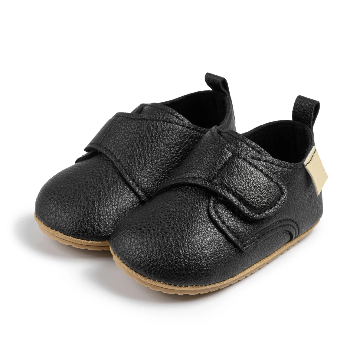 Pair of black infant velcro loafers designed for early walkers and toddlers.