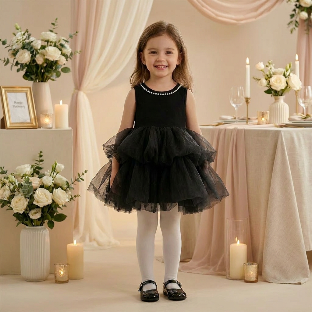 A young girl with long brown wavy hair, wearing the black tulle dress, smiles confidently in a warmly lit lifestyle room with white floral arrangements and candles.