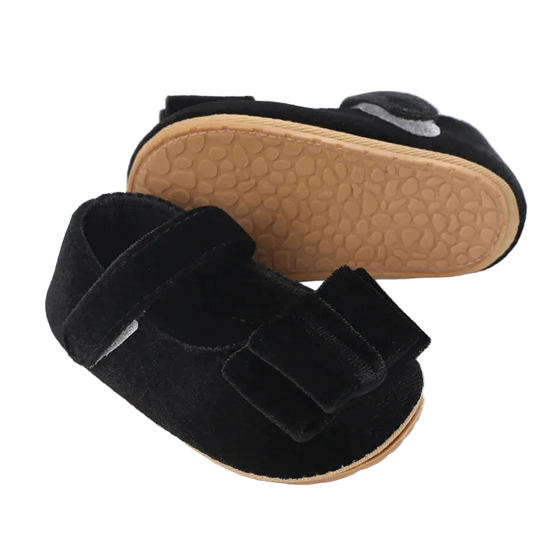 Black velvet baby girl Mary Jane shoes with non-slip soft sole for Christmas and holiday outfits