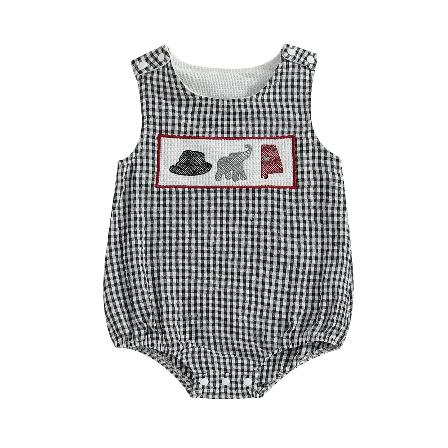 Full front view of a unisex infant black and white seersucker gingham bubble romper featuring a hand-smocked embroidery chest panel with a houndstooth hat, grey elephant, and red state map outline.