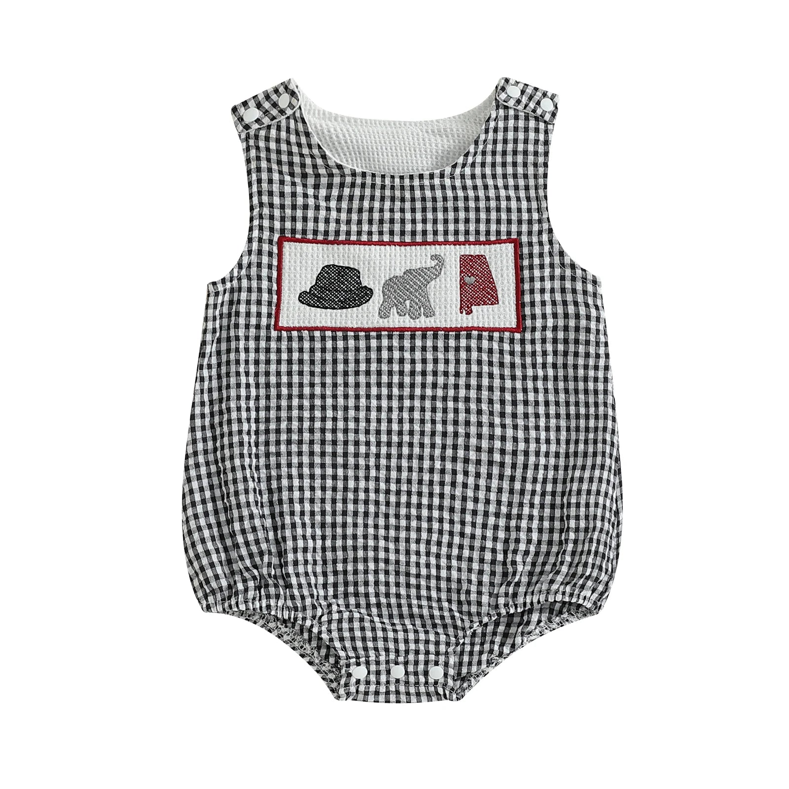 Full front view of a unisex infant black and white seersucker gingham bubble romper featuring a hand-smocked embroidery chest panel with a houndstooth hat, grey elephant, and red state map outline.