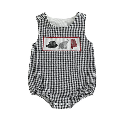 Full front view of a unisex infant black and white seersucker gingham bubble romper featuring a hand-smocked embroidery chest panel with a houndstooth hat, grey elephant, and red state map outline.