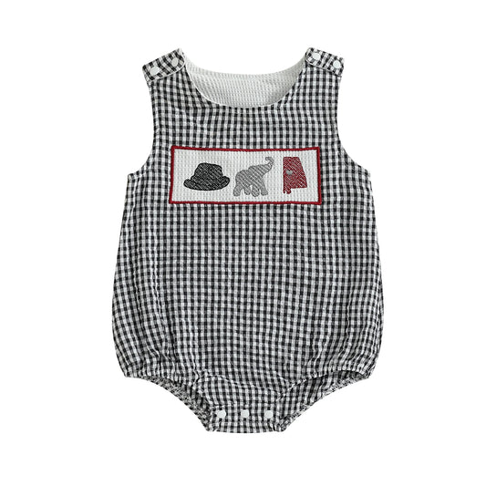 Full front view of a unisex infant black and white seersucker gingham bubble romper featuring a hand-smocked embroidery chest panel with a houndstooth hat, grey elephant, and red state map outline.