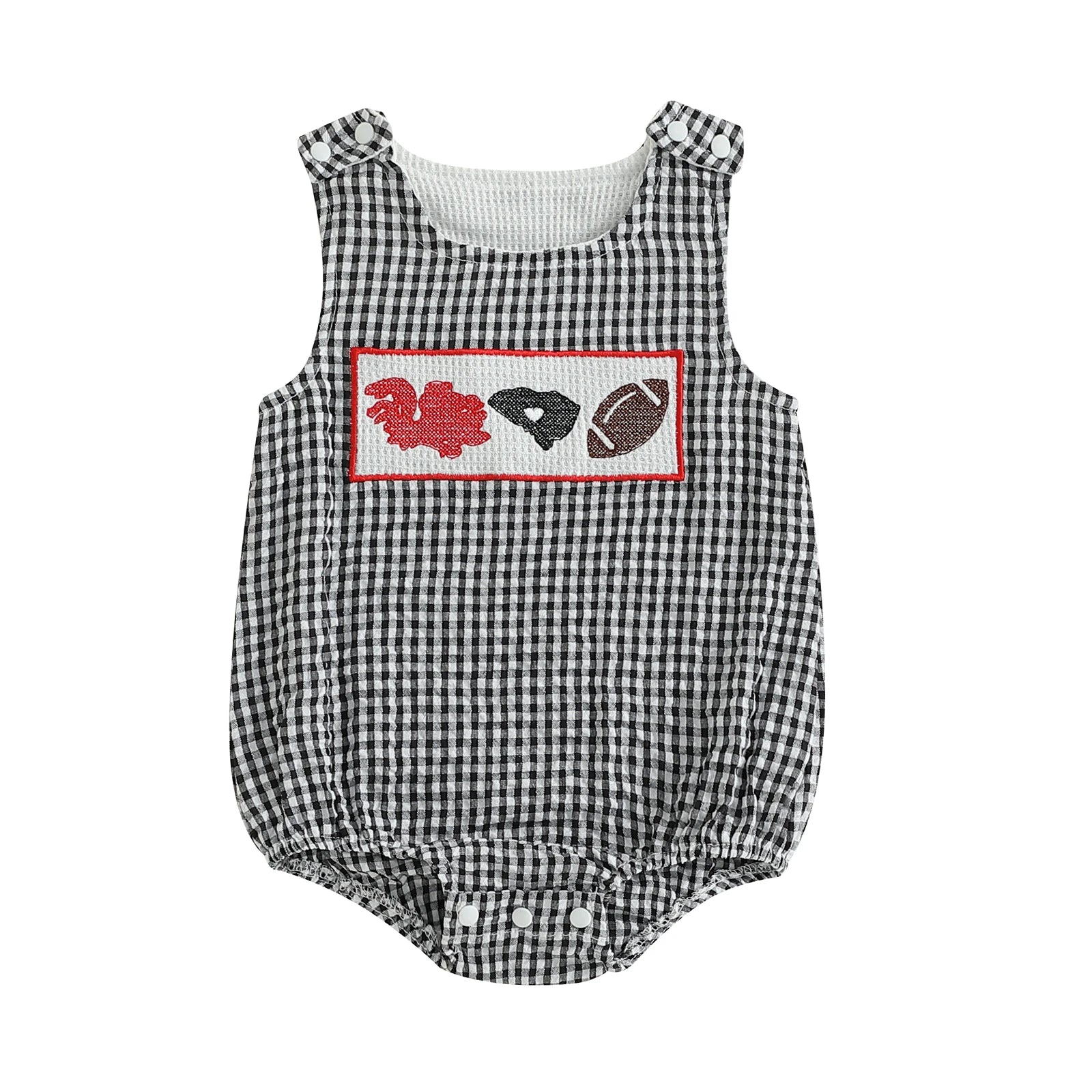 Full front view of a unisex infant black and white seersucker gingham bubble romper featuring a hand-smocked game day embroidery chest panel against a clean white background.