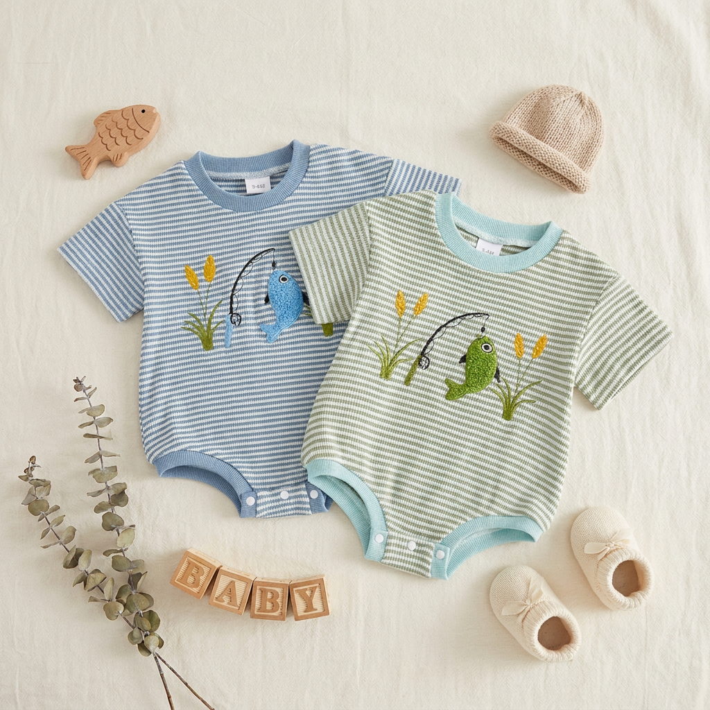 Flat lay aesthetic display of both the blue and green striped baby boy fishing rompers alongside a wooden fish toy, wooden baby blocks, and cream booties.